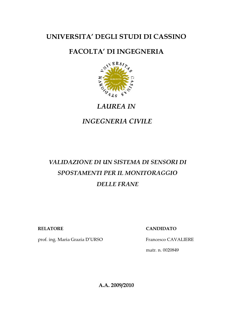 Anteprima della tesi: Validazione di un sistema di sensori di spostamenti per il monitoraggio delle frane, Pagina 1