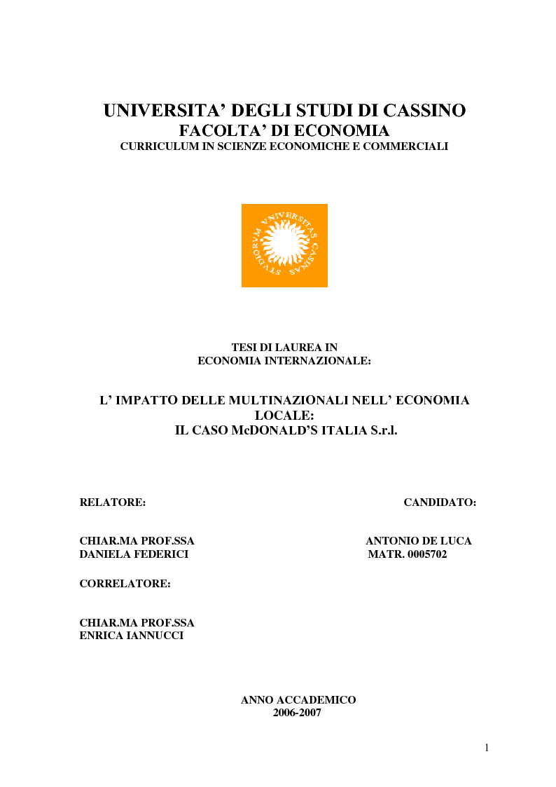 Anteprima della tesi: L’impatto delle multinazionali nell’economia locale: il caso McDONALD’S Italia S.r.l., Pagina 1