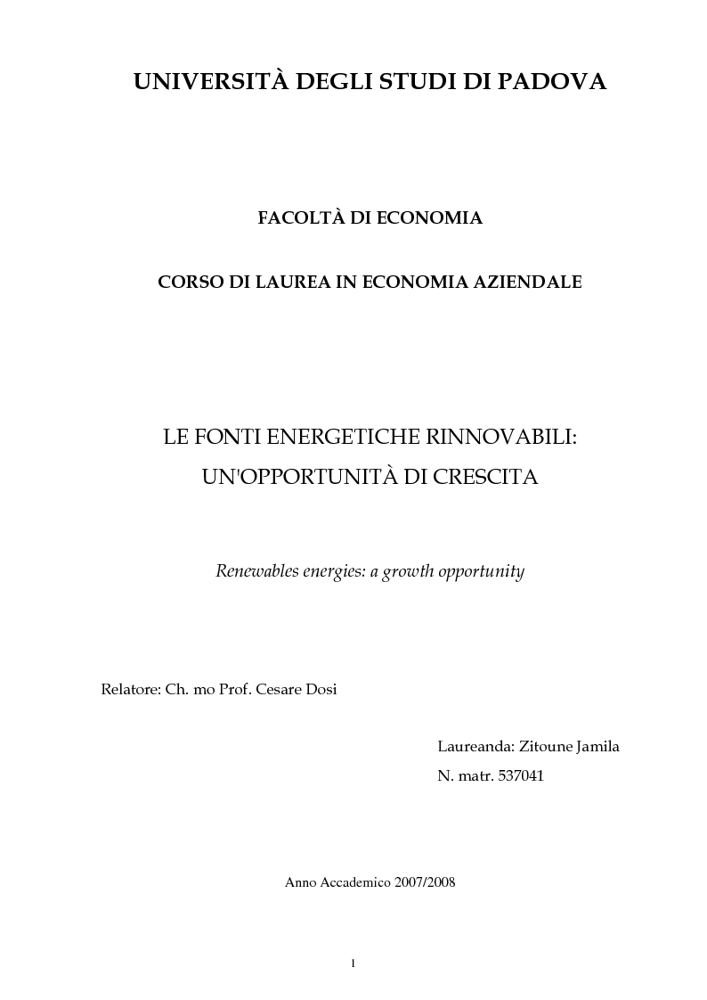 Anteprima della tesi: Le fonti energetiche rinnovabili: un'opportunità di crescita, Pagina 1