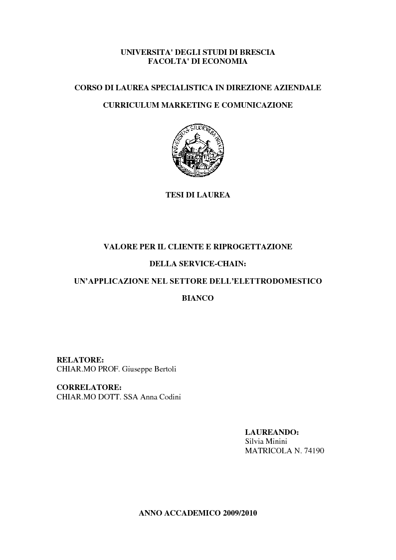 Anteprima della tesi: Valore per il cliente e riprogettazione della service-chain: un'applicazione nel settore dell'elettrodomestico bianco., Pagina 1