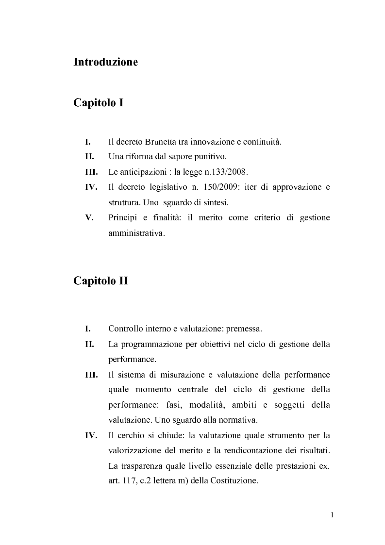 Indice della tesi: Il governo meritocratico delle risorse umane nella pubblica amministrazione: valutazione e premi alla luce del d.lgs. n. 150/2009, Pagina 1