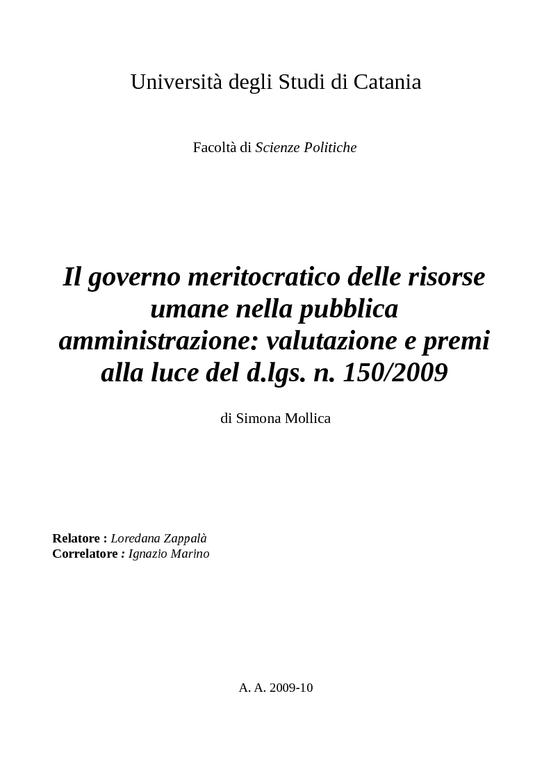 Anteprima della tesi: Il governo meritocratico delle risorse umane nella pubblica amministrazione: valutazione e premi alla luce del d.lgs. n. 150/2009, Pagina 1