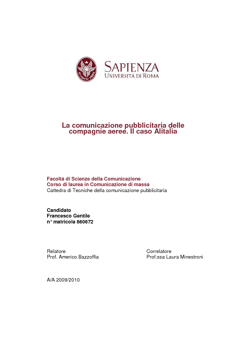 Anteprima della tesi: La comunicazione pubblicitaria delle compagnie aeree. Il caso Alitalia, Pagina 1