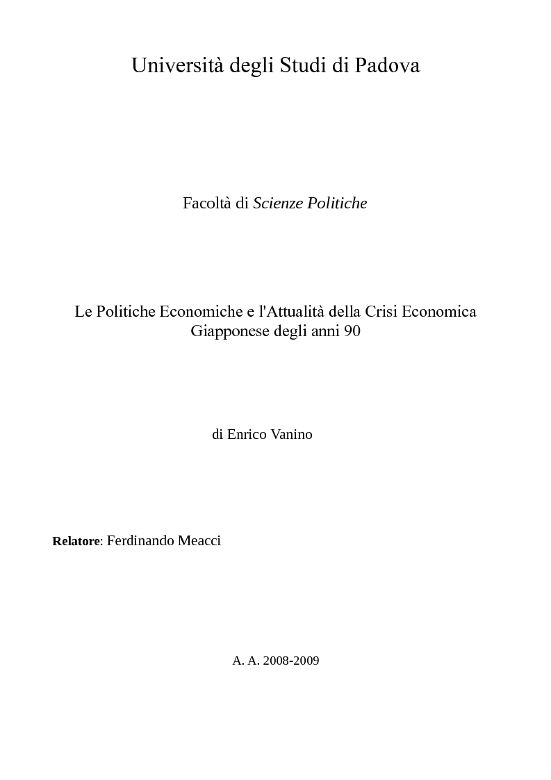 Anteprima della tesi: Le politiche economiche e l'attualità della crisi economica giapponese degli anni '90, Pagina 1
