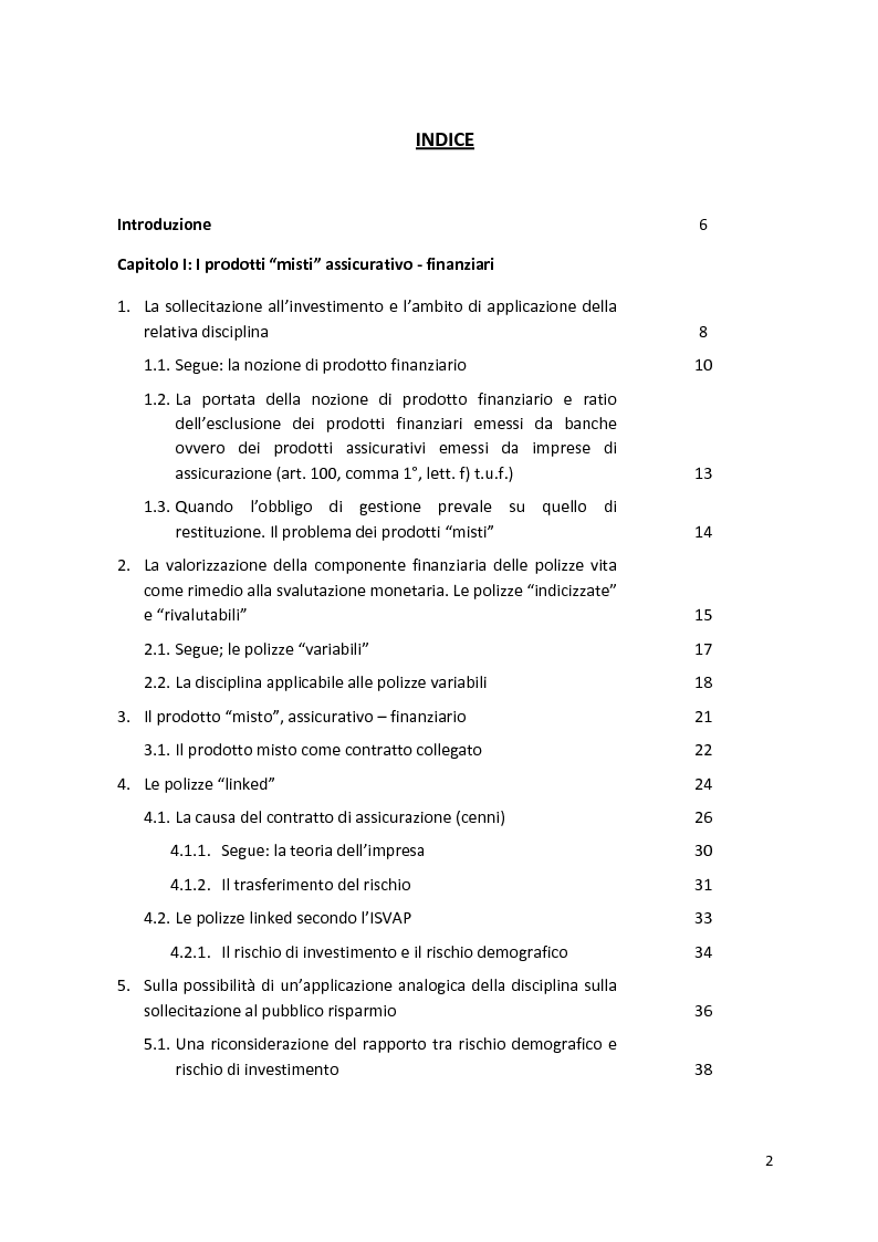 Indice della tesi: I prodotti assicurativi-finanziari, tra investimento, risparmio, previdenza. Profili giuridici, Pagina 1