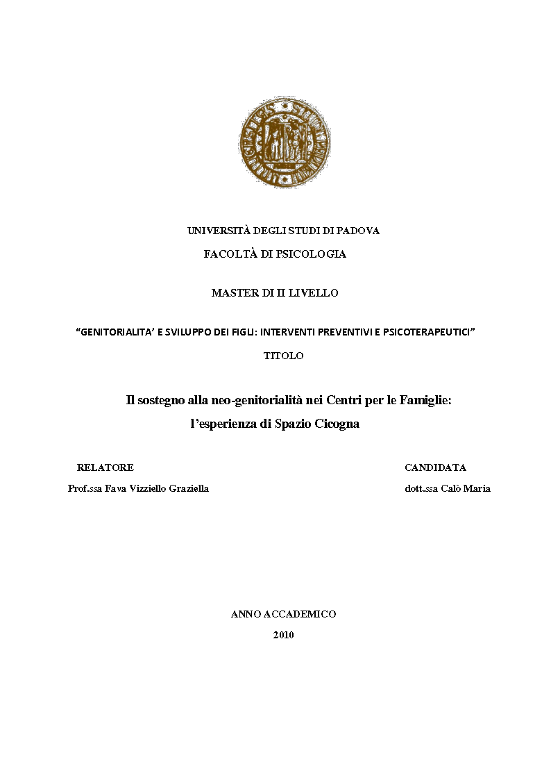 Anteprima della tesi: Il sostegno alla neo-genitorialità nei Centri per le Famiglie: l'esperienza di Spazio Cicogna, Pagina 1