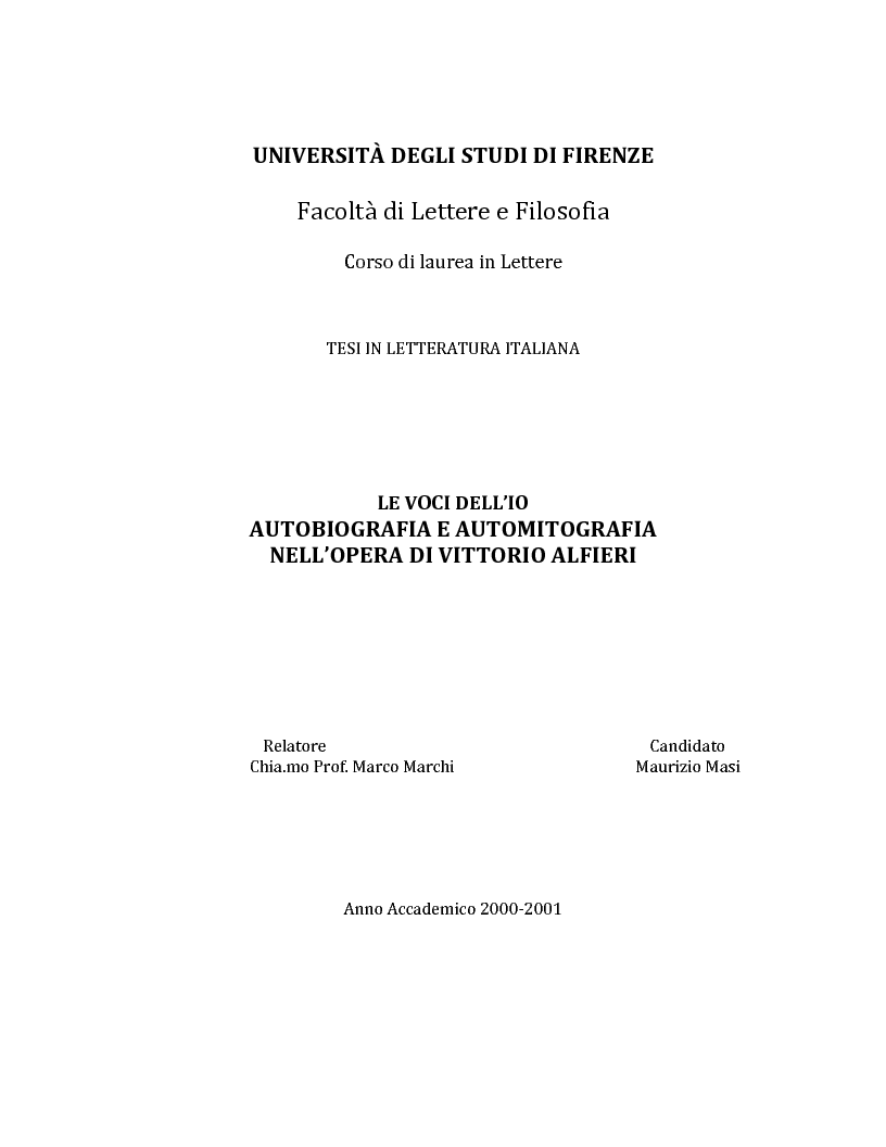 Anteprima della tesi: Le voci dell'Io. Autobiografia e automitografia nell'opera di Vittorio Alfieri, Pagina 1