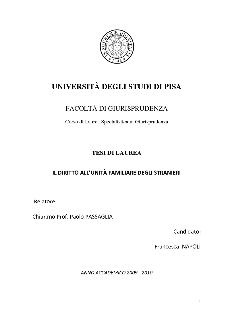 Anteprima della tesi: Diritto all'unità familiare degli stranieri in Italia, Pagina 1