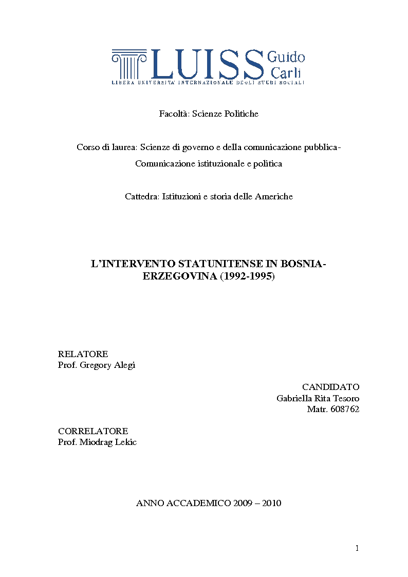 Anteprima della tesi: L'intervento statunitense in Bosnia-Erzegovina (1992-1995), Pagina 1