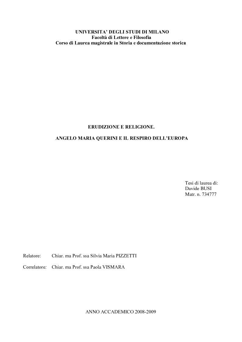 Anteprima della tesi: Erudizione e religione. Angelo Maria Querini e il respiro dell'Europa, Pagina 1