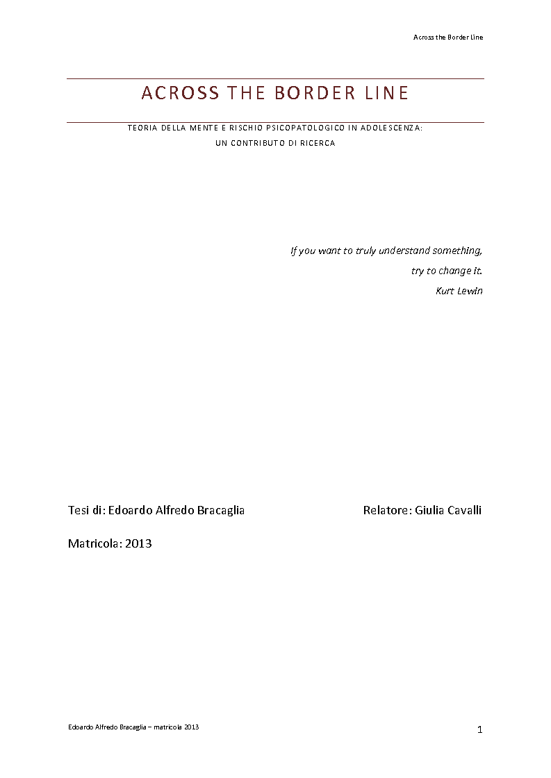 Anteprima della tesi: Across the Border Line. Teoria della mente e rischio psicopatologico in adolescenza: un contributo di ricerca, Pagina 1