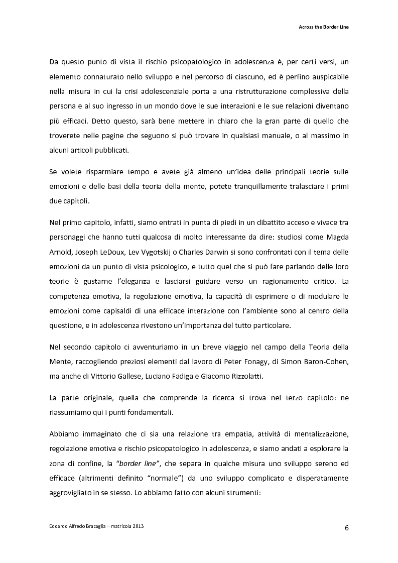 Anteprima della tesi: Across the Border Line. Teoria della mente e rischio psicopatologico in adolescenza: un contributo di ricerca, Pagina 3