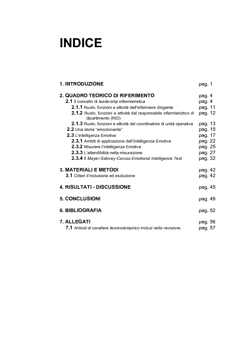 Indice della tesi: L'Intelligenza Emotiva come strumento per una leadership infermieristica d'eccellenza, Pagina 1