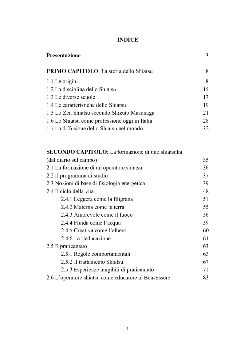 Indice della tesi: Concezioni della corporeità e del benessere psicofisico: esperienze di formazione di uno shiatsuka, Pagina 1
