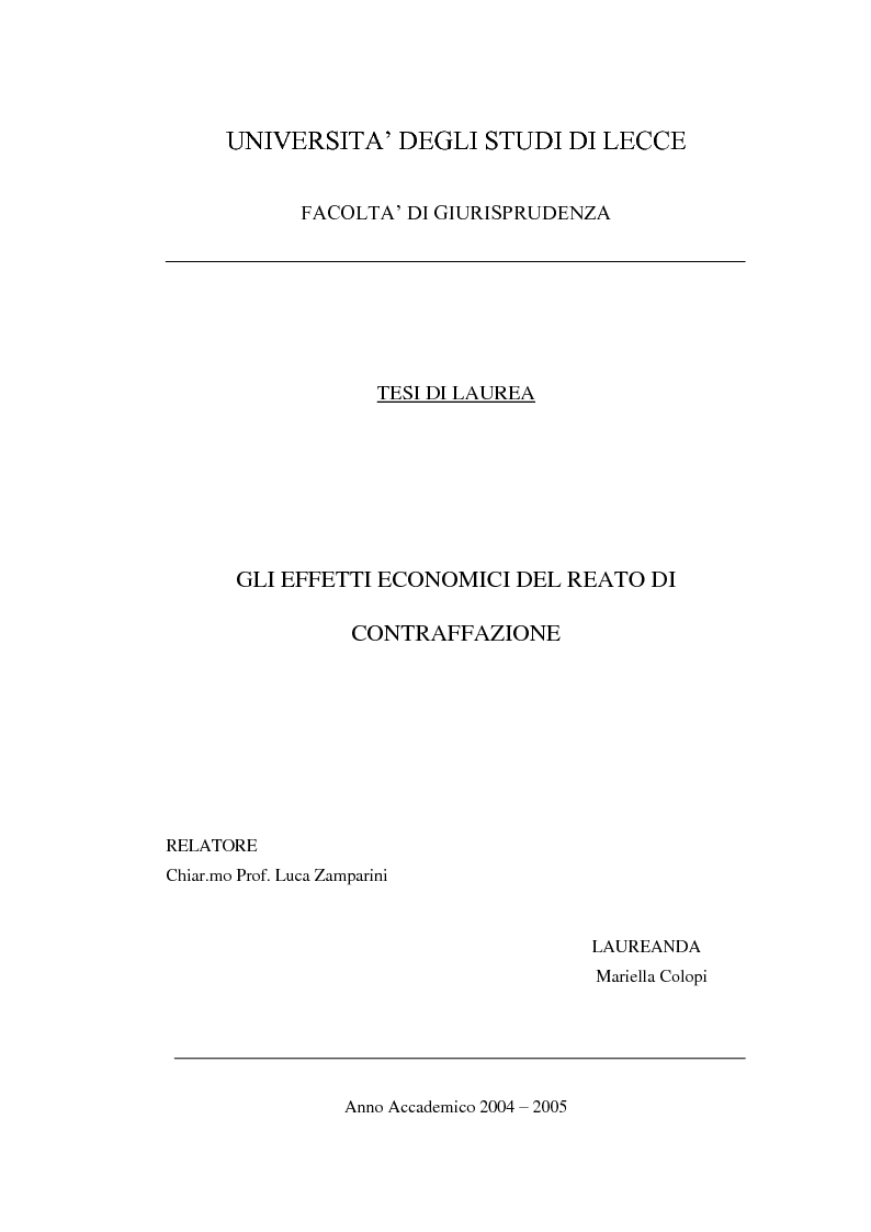 Anteprima della tesi: Gli effetti economici del reato di contraffazione, Pagina 1
