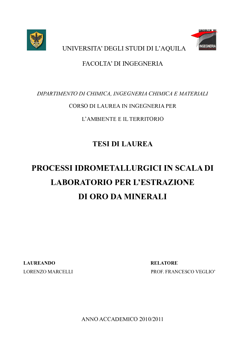 Anteprima della tesi: Processi idrometallurgici in scala di laboratorio per l'estrazione di oro da minerali (cnr roma), Pagina 1