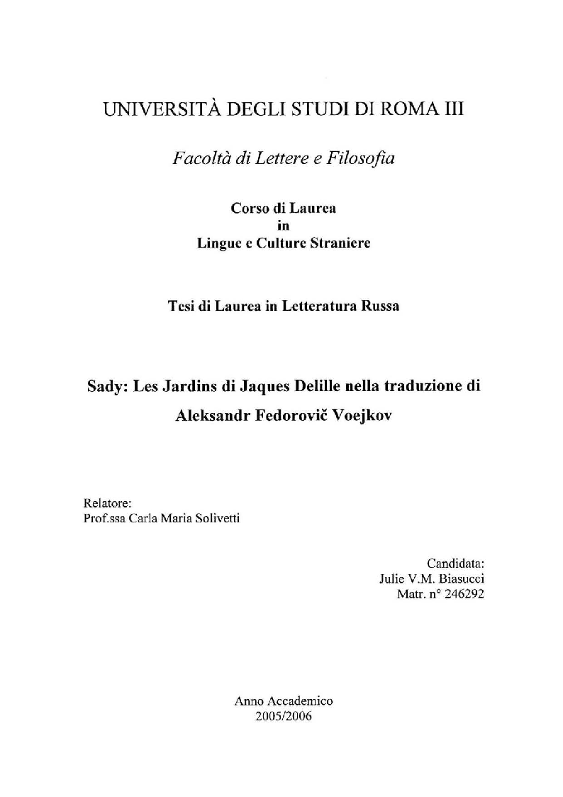 Anteprima della tesi: Sady: Les Jardins di Jacques Delille nella traduzione di Aleksandr Fedorovic Voejkov, Pagina 1