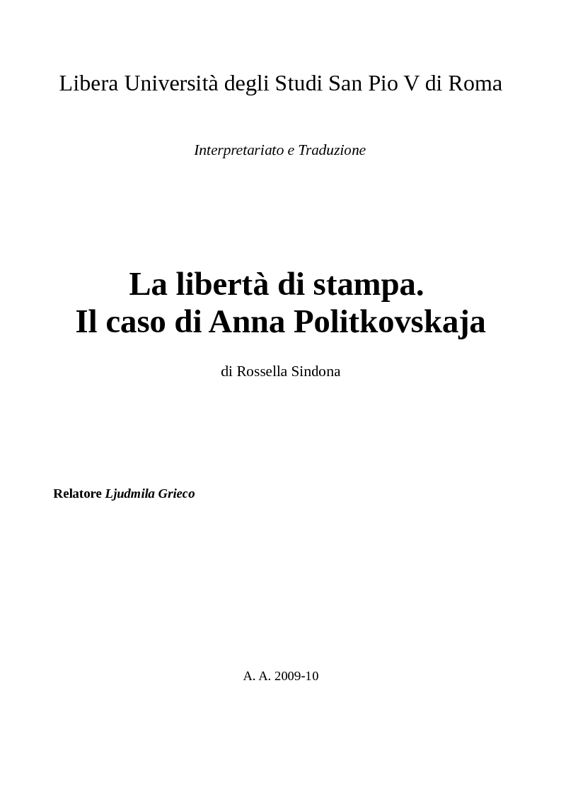 Anteprima della tesi: La libertà di stampa. Il caso di Anna Politkovskaja, Pagina 1