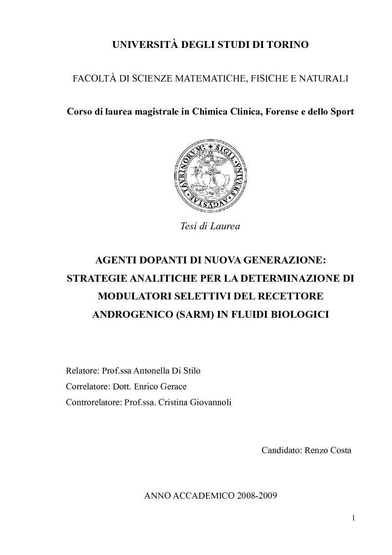 Anteprima della tesi: Agenti dopanti di nuova generazione: strategie analitiche per la determinazione di modulatori selettivi del recettore androgenico (SARM) in fluidi biologici, Pagina 1