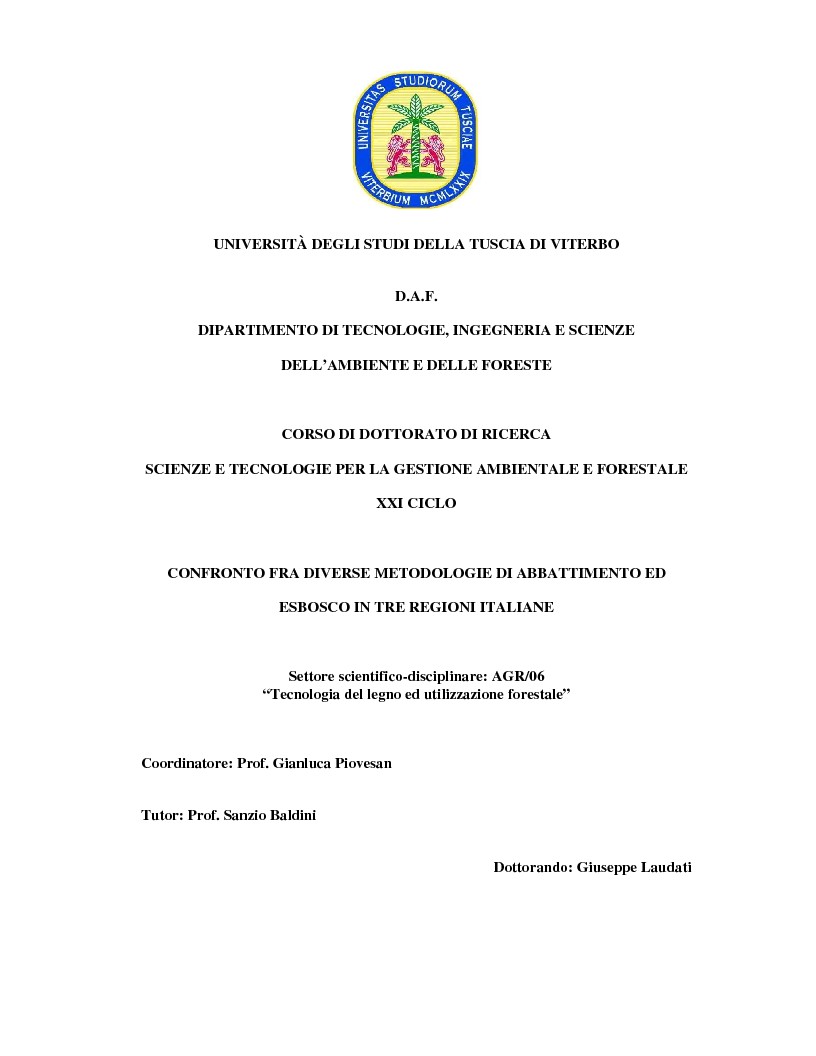 Anteprima della tesi: Confronto fra diverse tipologie di abbattimento ed esbosco in tre regioni italiane, Pagina 1