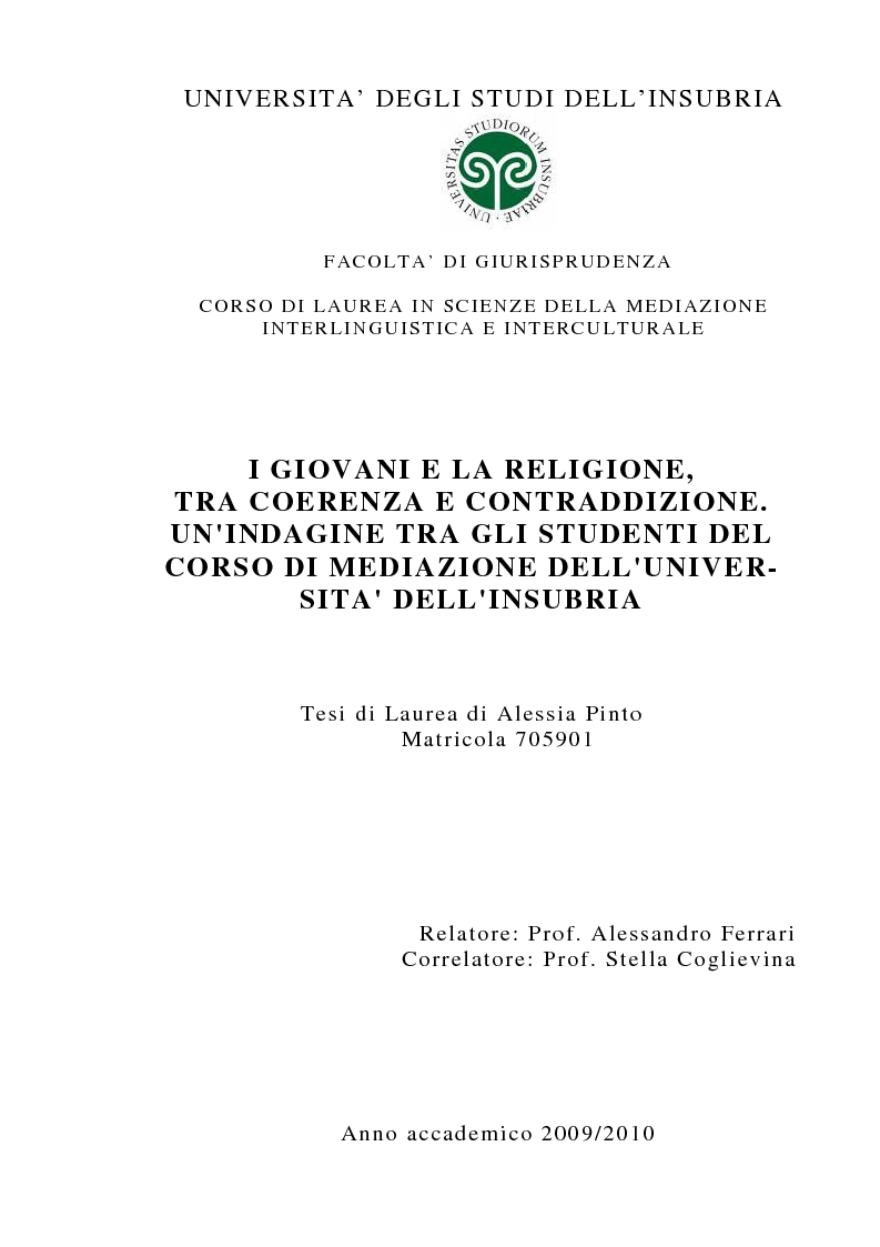 Anteprima della tesi: I giovani e la religione, tra coerenza e contraddizione. Un'indagine tra gli studenti del corso di mediazione dell'Università dell'Insubria., Pagina 1