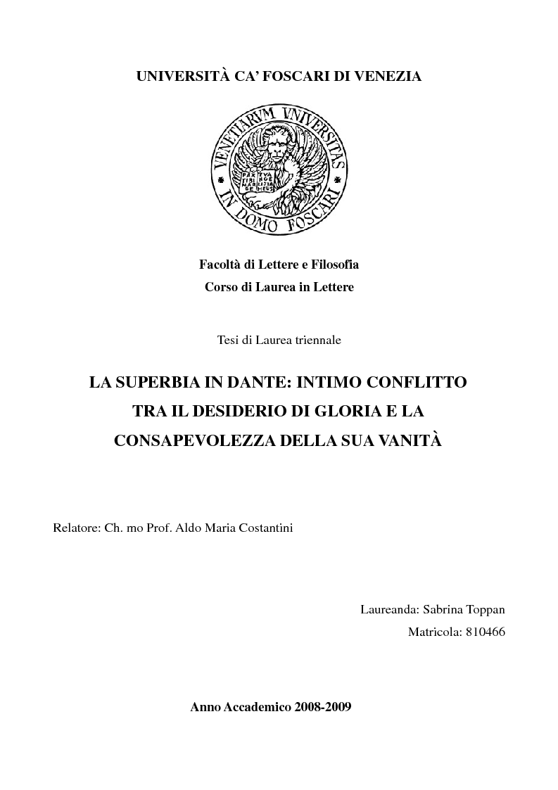 Anteprima della tesi: La superbia in Dante: intimo conflitto tra desiderio di gloria e consapevolezza della sua vanità, Pagina 1