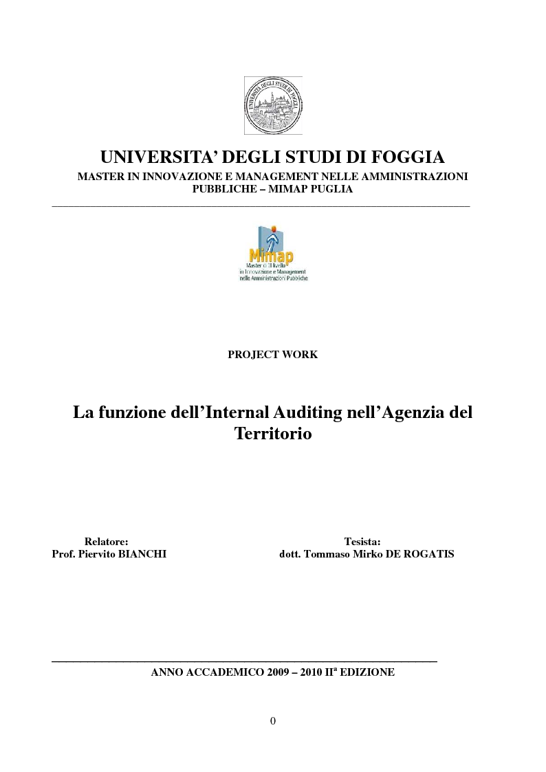 Anteprima della tesi: La funzione dell'Internal Auditing nell'Agenzia del Territorio, Pagina 1