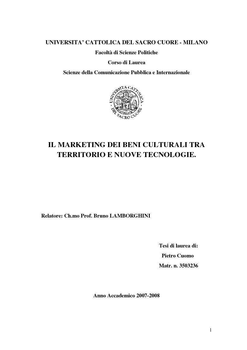 Anteprima della tesi: Il marketing dei beni culturali tra territorio e nuove tecnologie, Pagina 1