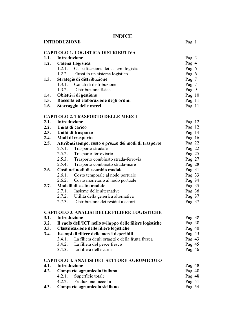 Indice della tesi: Il nodo logistico di Gioia Tauro a servizio della Sicilia. Potenzialità e criticità per il settore agrumicolo., Pagina 1