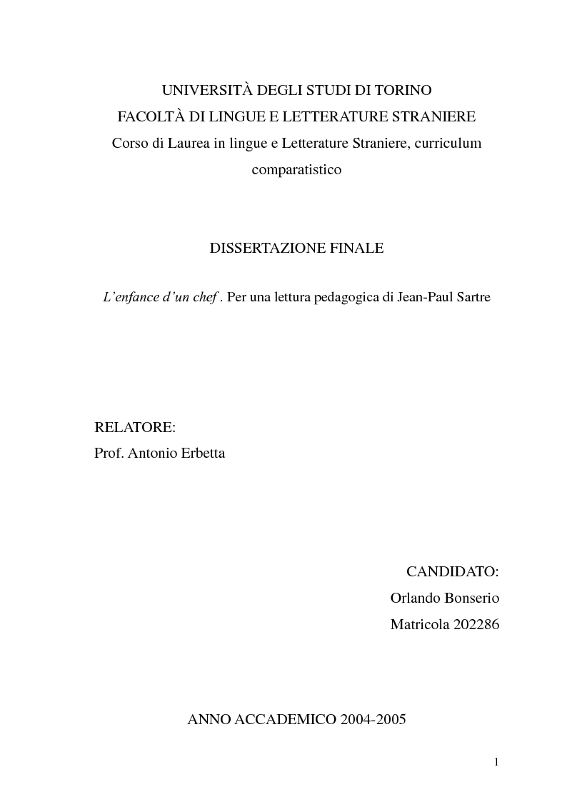 Anteprima della tesi: ''L'enfance d'un chef''. Per una lettura pedagogica di Jean-Paul Sartre, Pagina 1