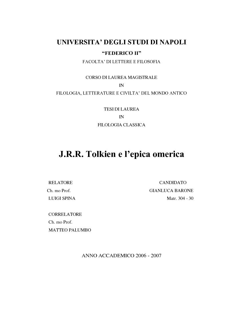 Anteprima della tesi: J.R.R. Tolkien e l’epica omerica, Pagina 1