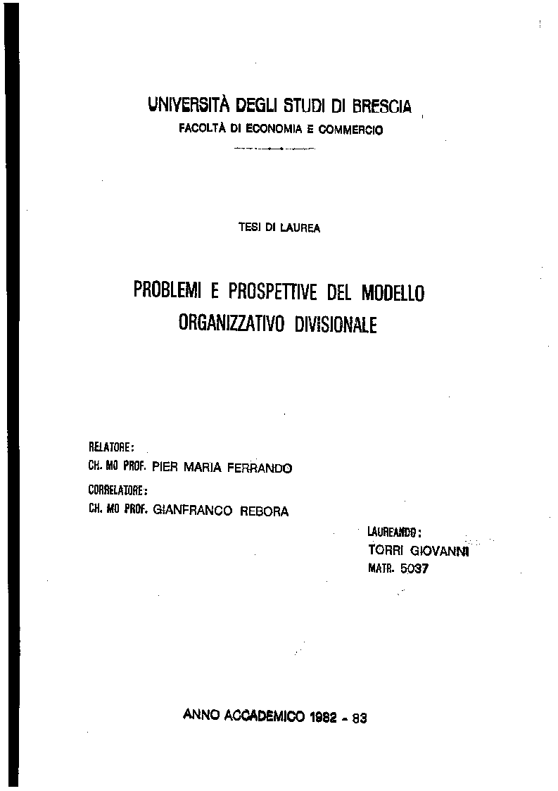 Anteprima della tesi: Problemi e prospettive del modello organizzativo divisionale, Pagina 1
