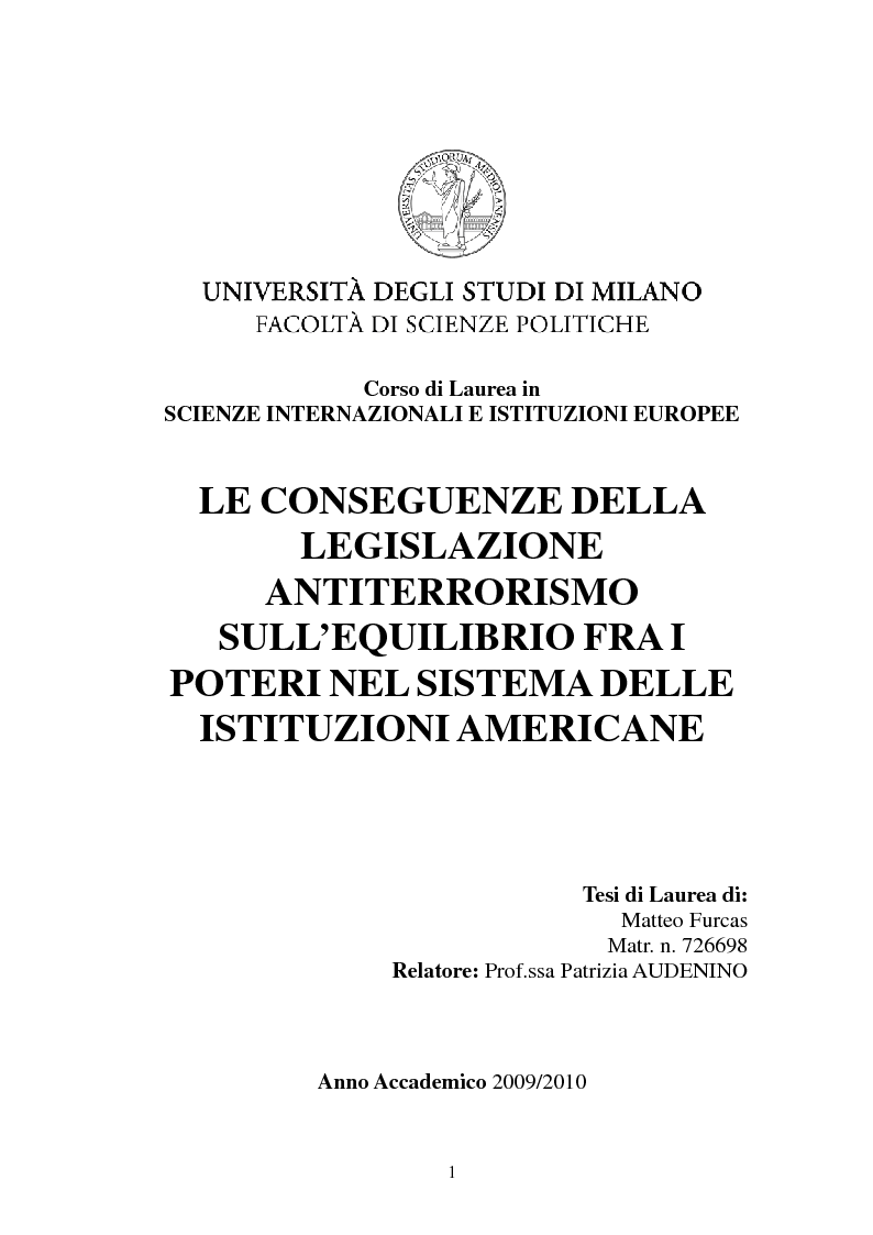 Anteprima della tesi: Le conseguenze della legislazione antiterrorismo sull'equilibrio tra i poteri nel sistema delle istituzioni americane., Pagina 1