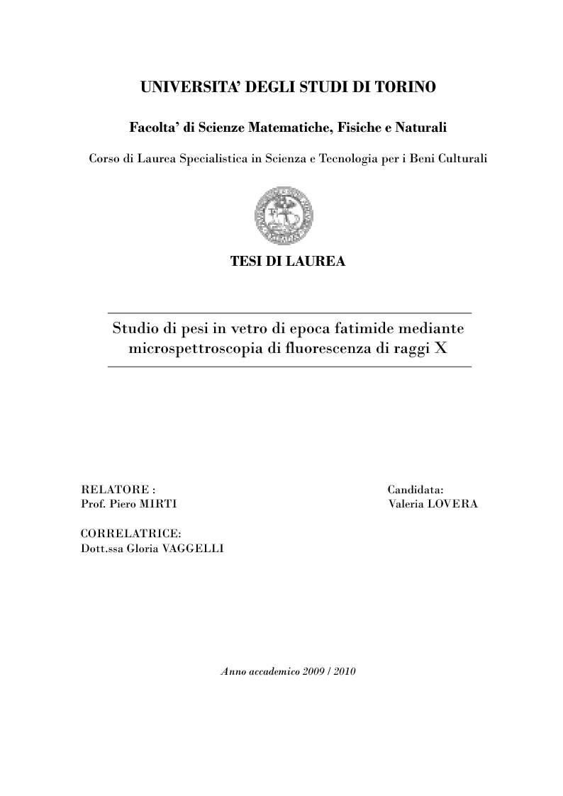Anteprima della tesi: Studio di pesi in vetro di epoca fatimide mediante microspettroscopia di fluorescenza di raggi X, Pagina 1