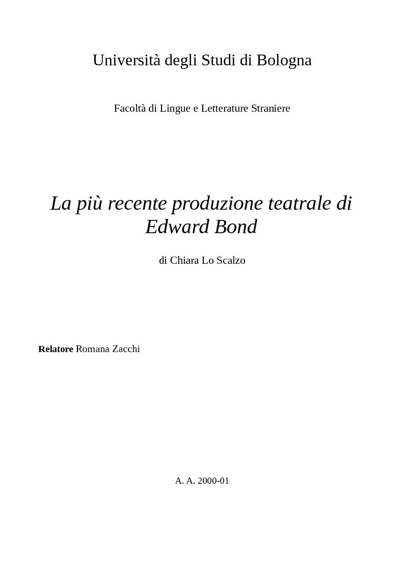 Anteprima della tesi: La più recente produzione teatrale di Edward Bond, Pagina 1