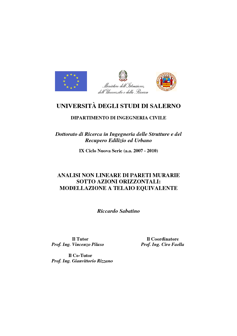 Anteprima della tesi: Analisi non lineare di pareti murarie sotto azioni orizzontali: modellazione a telaio Equivalente, Pagina 1