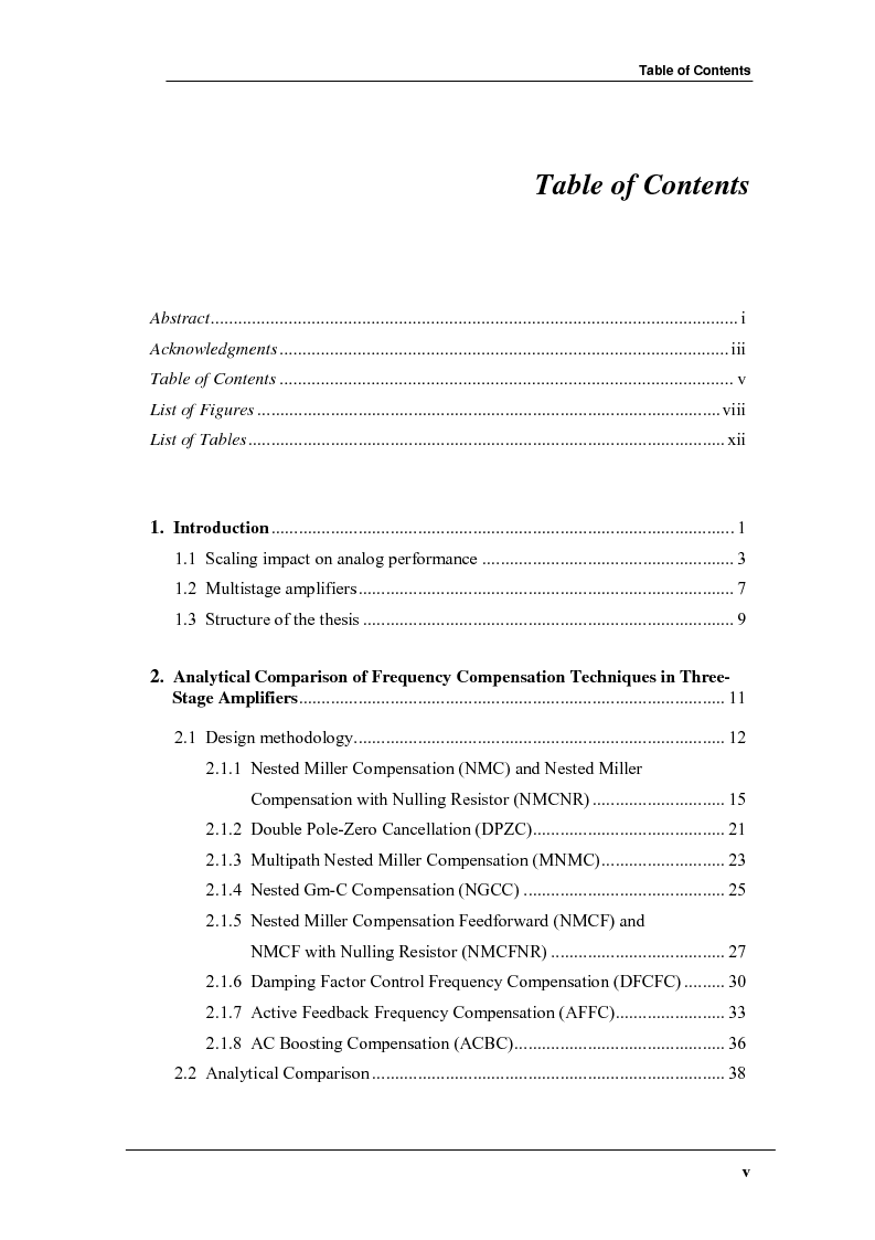 Indice della tesi: Nested Miller Compensation topologies: analysis, comparison, design and new solutions, Pagina 1