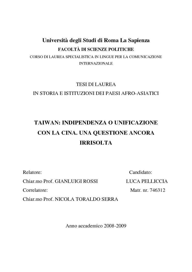 Anteprima della tesi: Taiwan: indipendenza o unificazione con la Cina. Una questione ancora irrisolta., Pagina 1