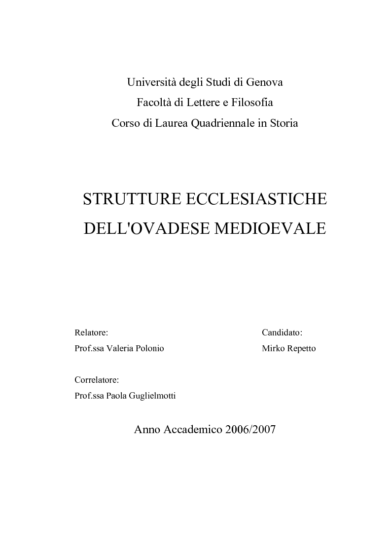 Anteprima della tesi: Strutture ecclesiastiche dell'Ovadese medioevale, Pagina 1
