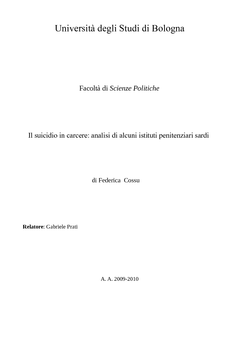 Anteprima della tesi: Il suicidio in carcere: analisi di alcuni istituti penitenziari sardi, Pagina 1