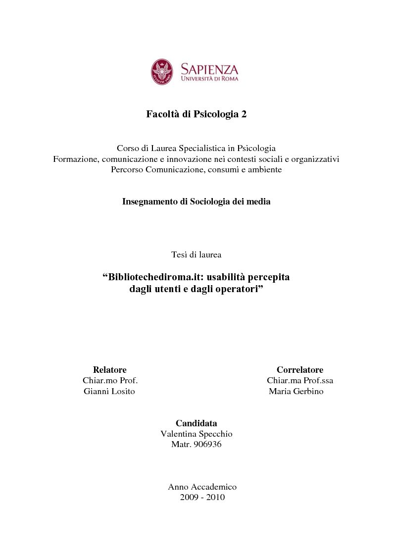 Anteprima della tesi: Bibliotechediroma.it: usabilità percepita dagli utenti e dagli operatori, Pagina 1