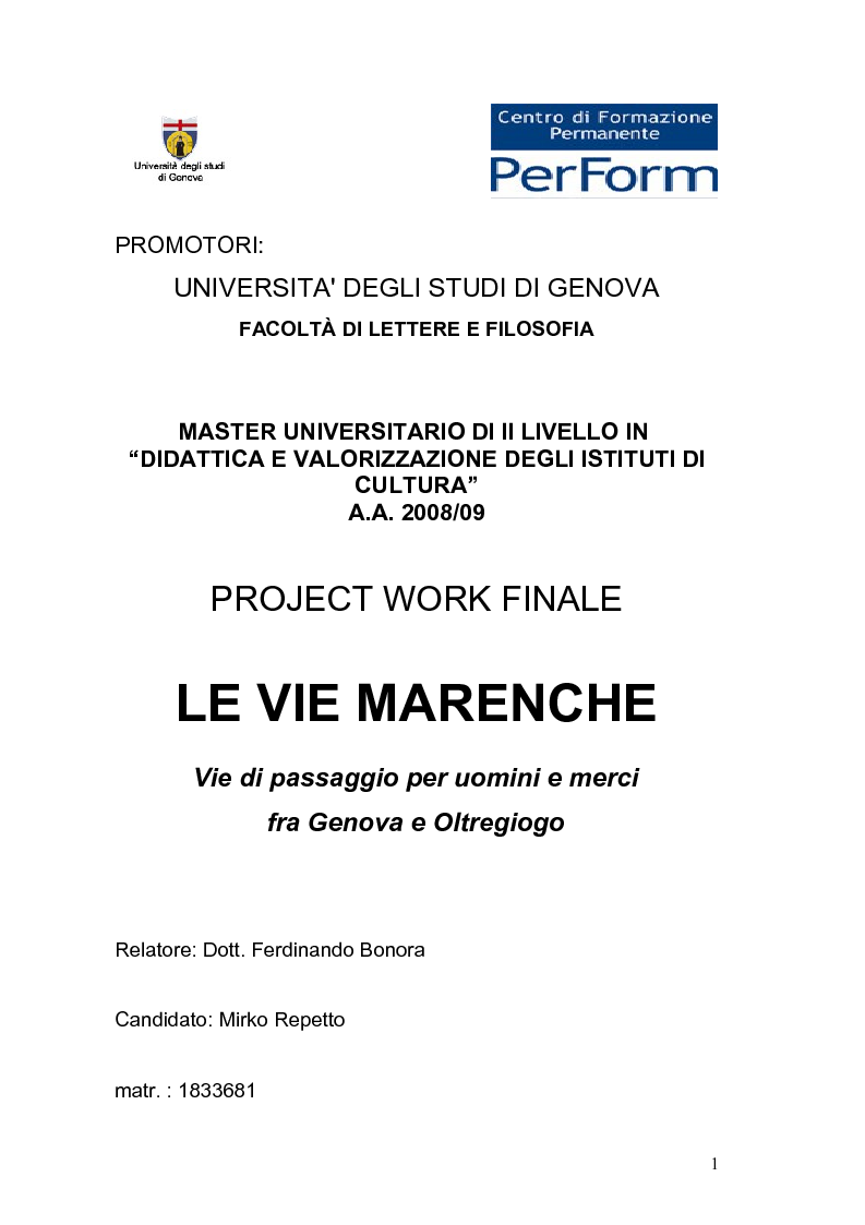 Anteprima della tesi: Le vie Marenche Vie di passaggio per uomini e merci fra Genova e Oltregiogo, Pagina 1