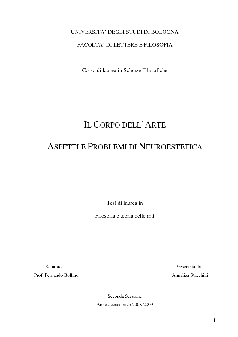 Anteprima della tesi: Il corpo dell'arte. Aspetti e problemi di Neuroestetica, Pagina 1