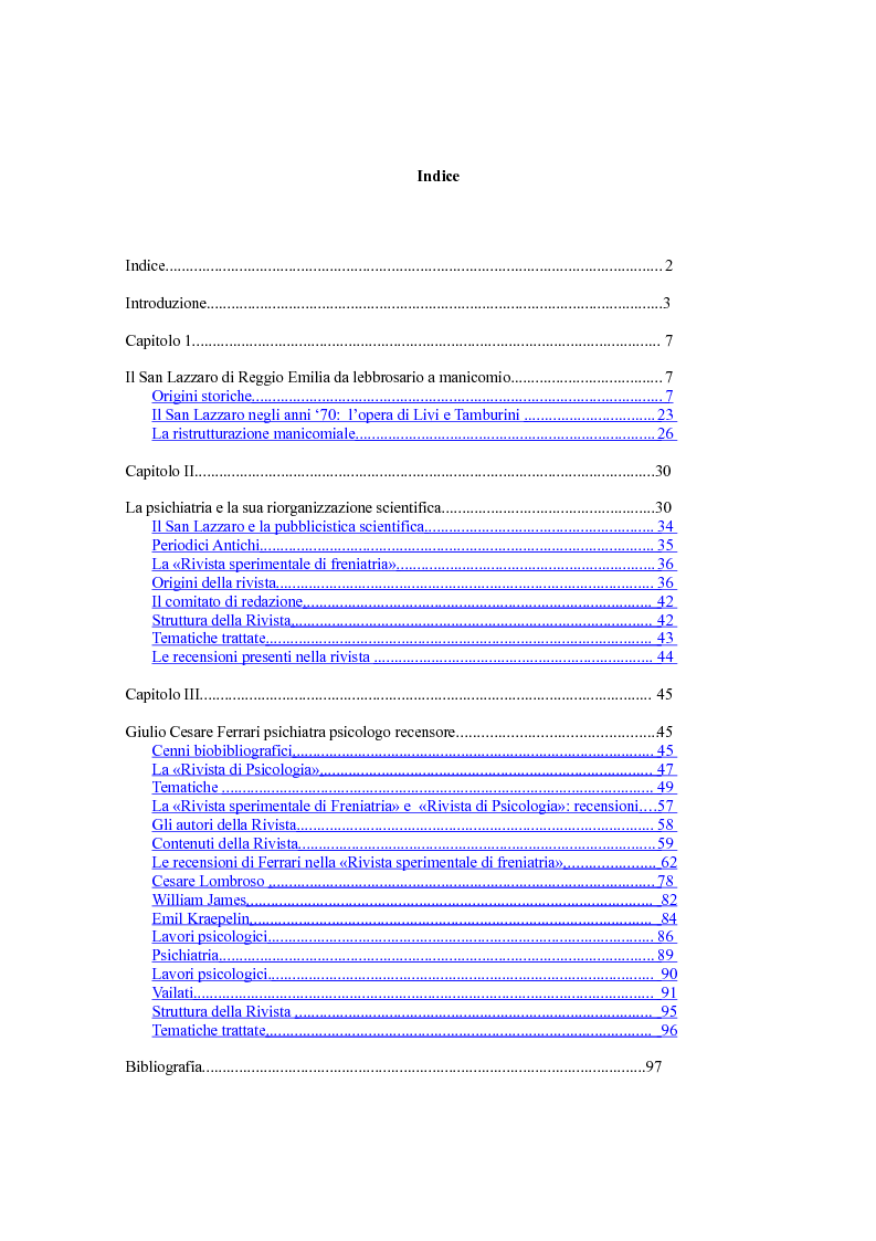 Indice della tesi: Per la storia della psichiatria: istituzionalizzazione e dibattito scientifico, Pagina 1
