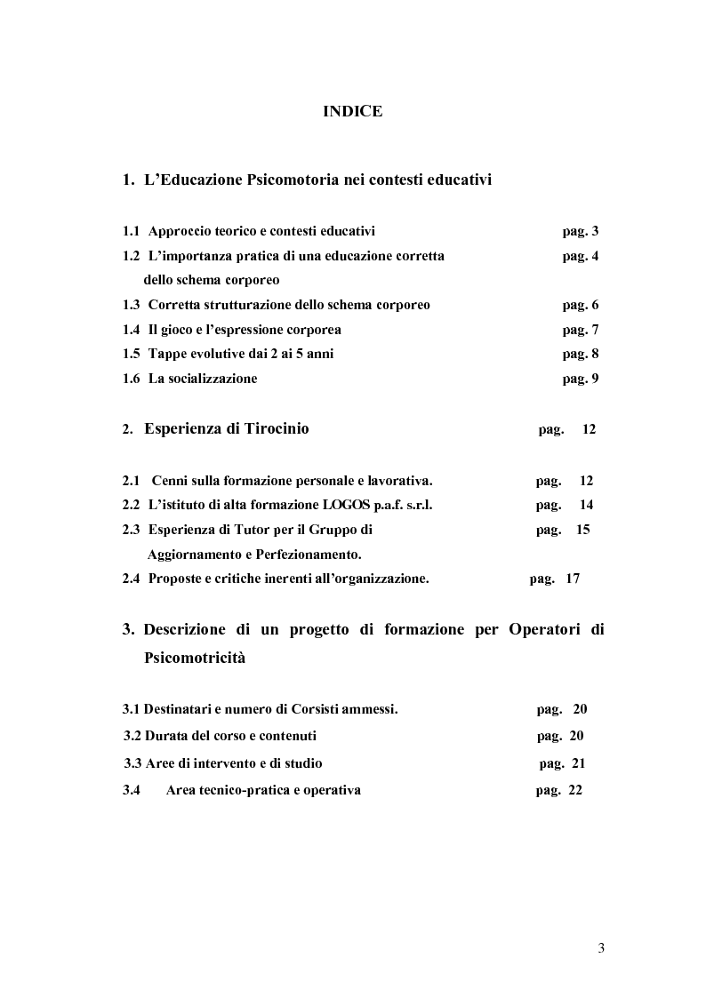 Indice della tesi: Formulare un progetto per operatori di psicomotricità sulla base dell'esperienza di tirocinio, Pagina 1