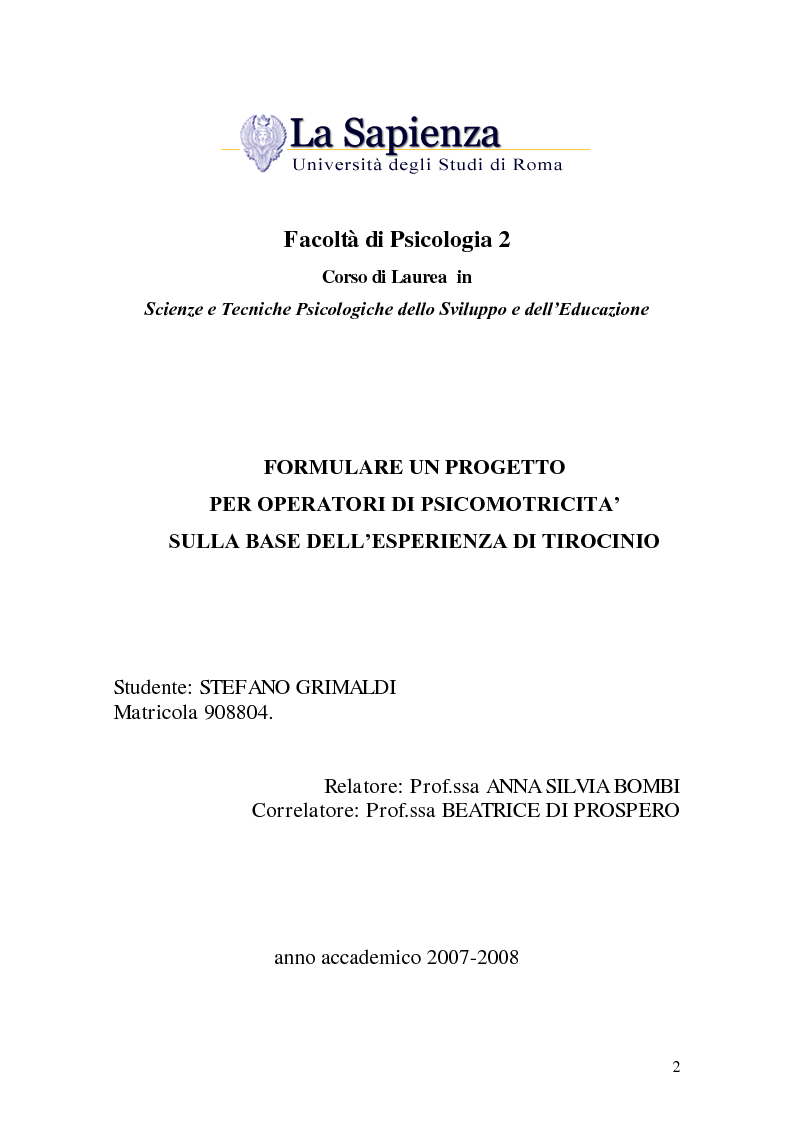 Anteprima della tesi: Formulare un progetto per operatori di psicomotricità sulla base dell'esperienza di tirocinio, Pagina 1