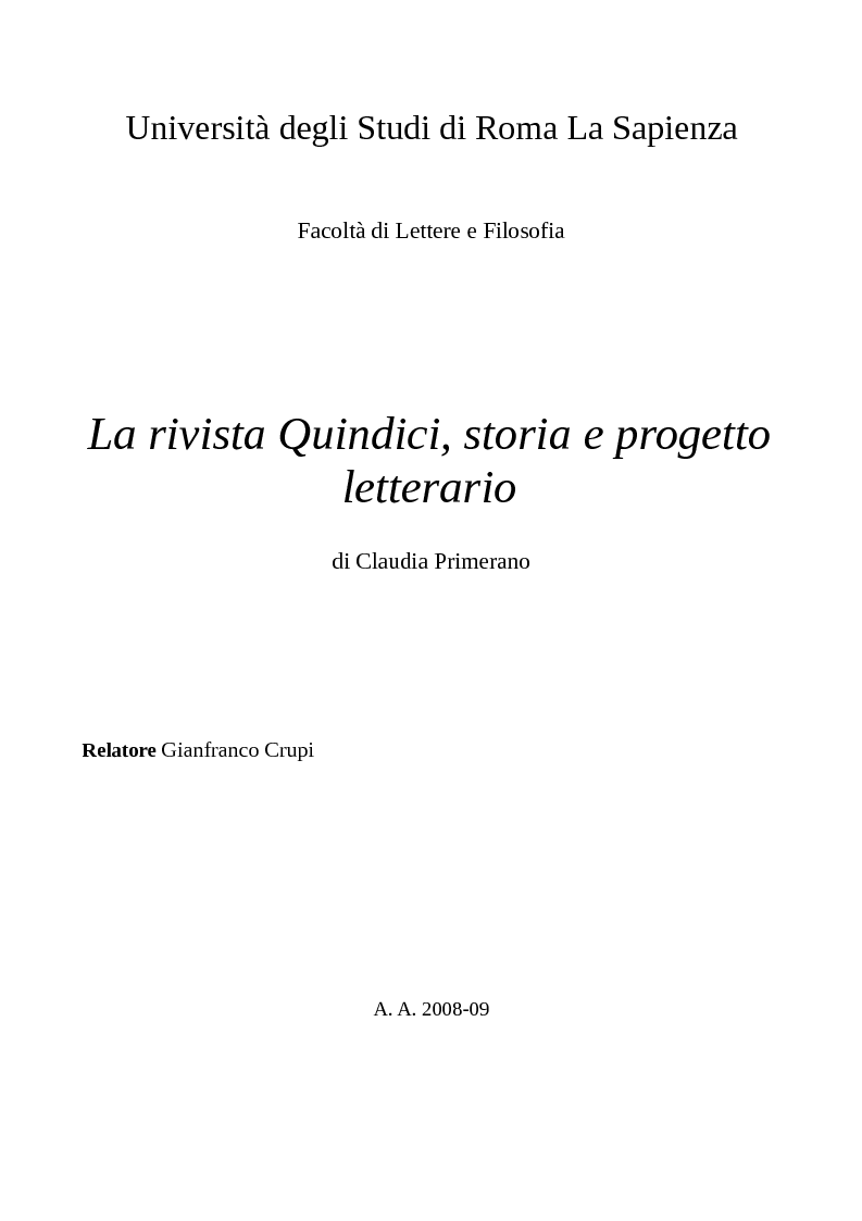 Anteprima della tesi: La rivista Quindici, storia e progetto letterario, Pagina 1