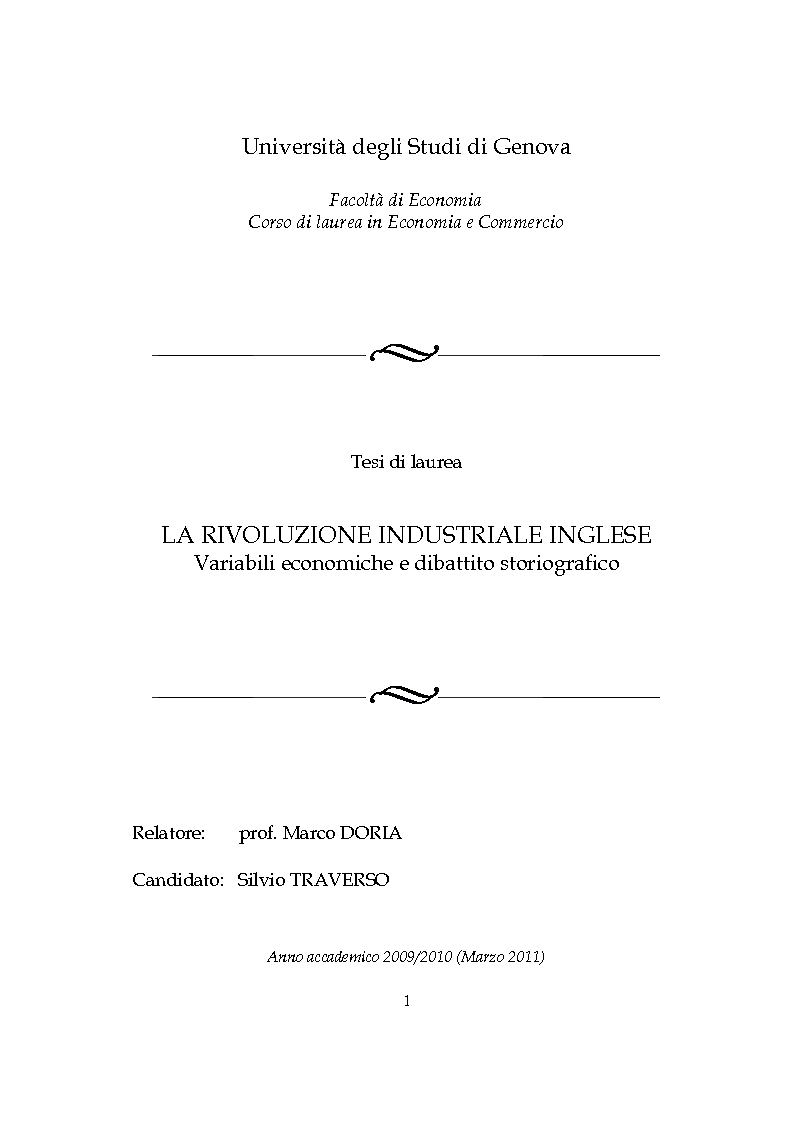 Anteprima della tesi: La Rivoluzione Industriale inglese. Variabili economiche e dibattito storiografico, Pagina 1