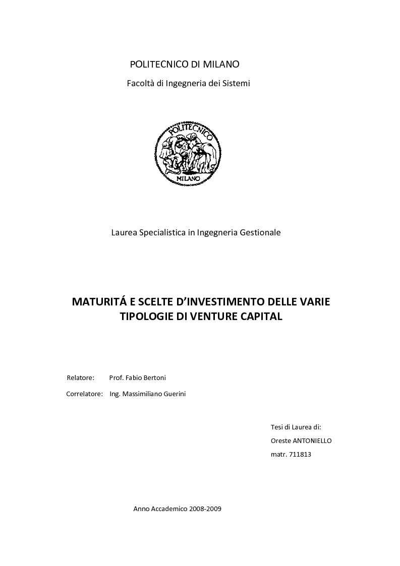 Anteprima della tesi: Maturità e scelte d’investimento delle varie tipologie di Venture Capital, Pagina 1