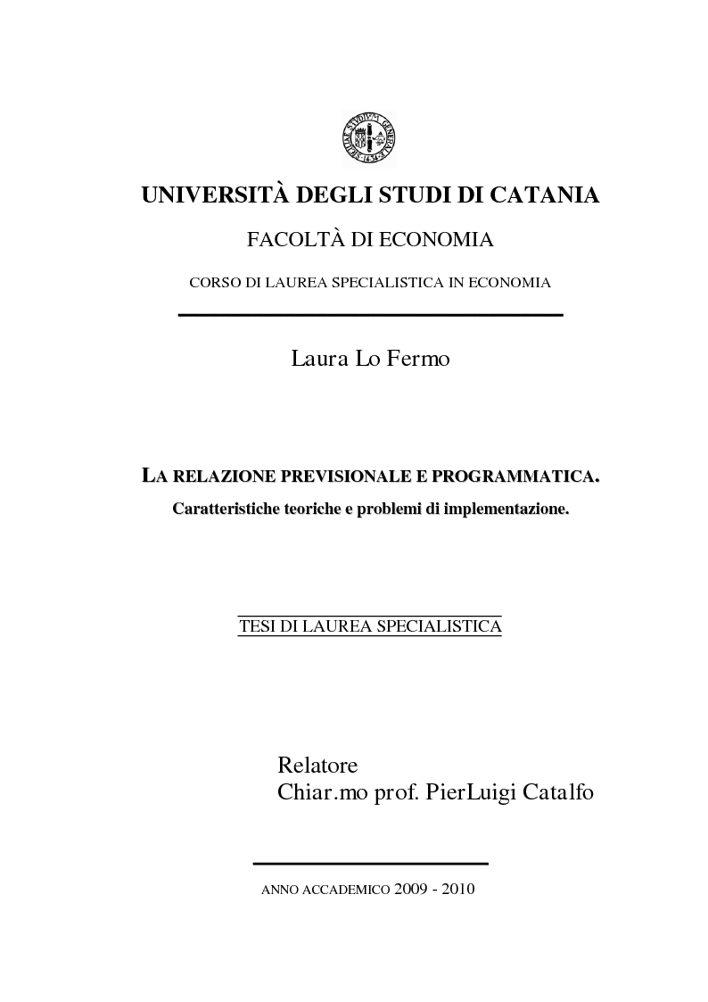Anteprima della tesi: La relazione previsionale e programmatica. Caratteristiche teoriche e problemi di implementazione., Pagina 1